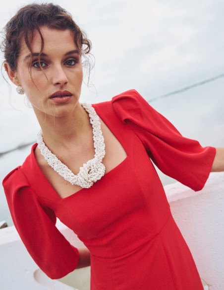 Midi party dress with square neckline and chiffon hemline