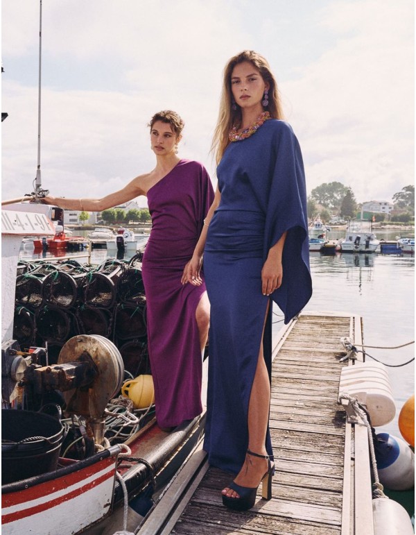 Long satin ball gown with bat sleeves