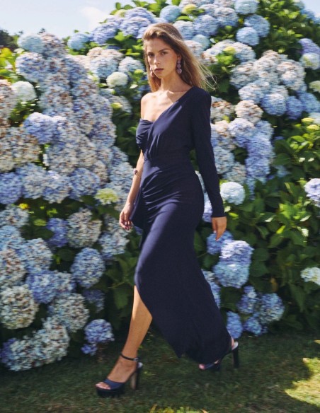 Guest dress with asymmetrical hemline and crossover neckline