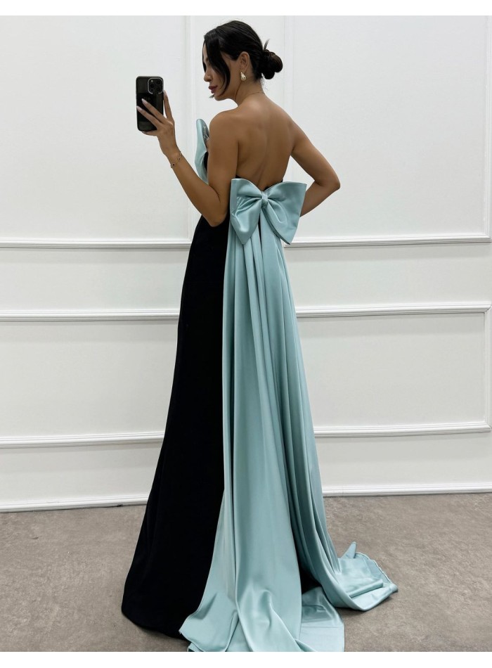 Maxi party dress with bow neckline and train