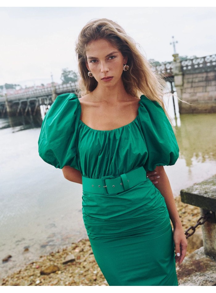 Midi ball gown with balloon sleeves and belt