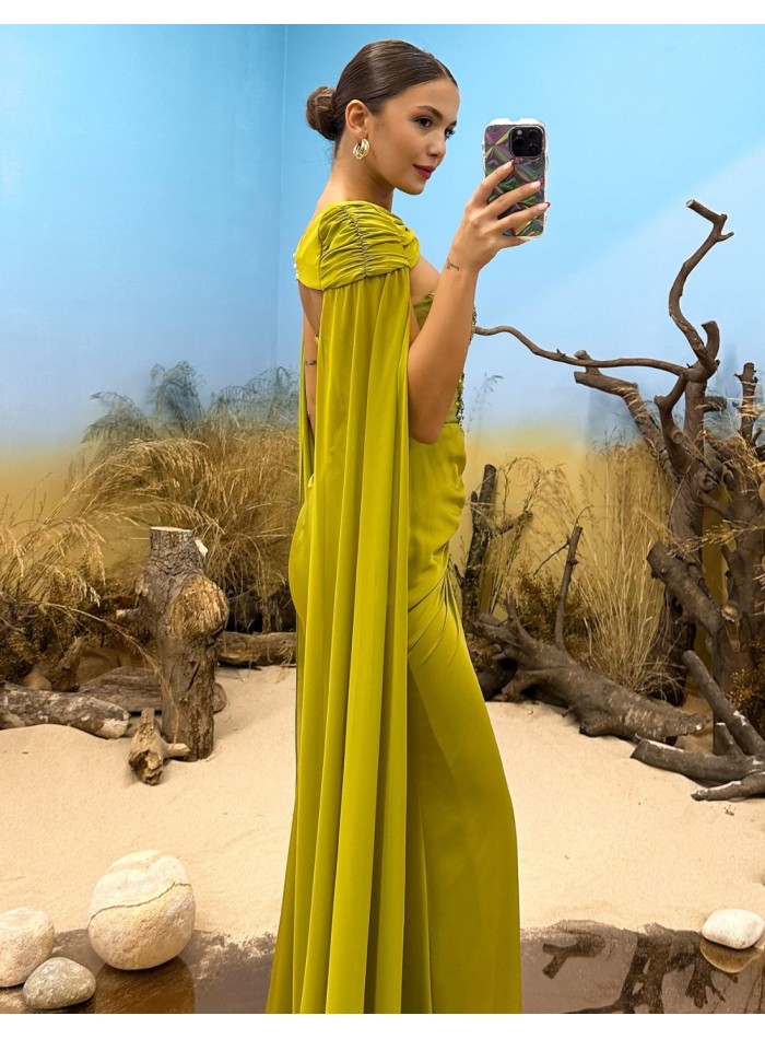 Evening dress with rhinestone neckline, draped...