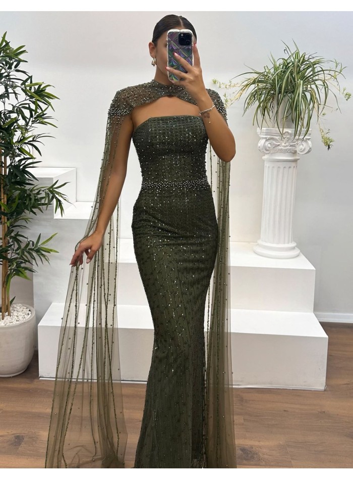 Maxi party dress with rhinestones and cape sleeves