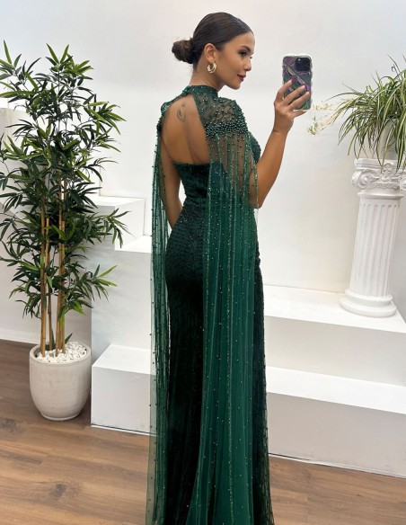 Maxi party dress with rhinestones and cape sleeves