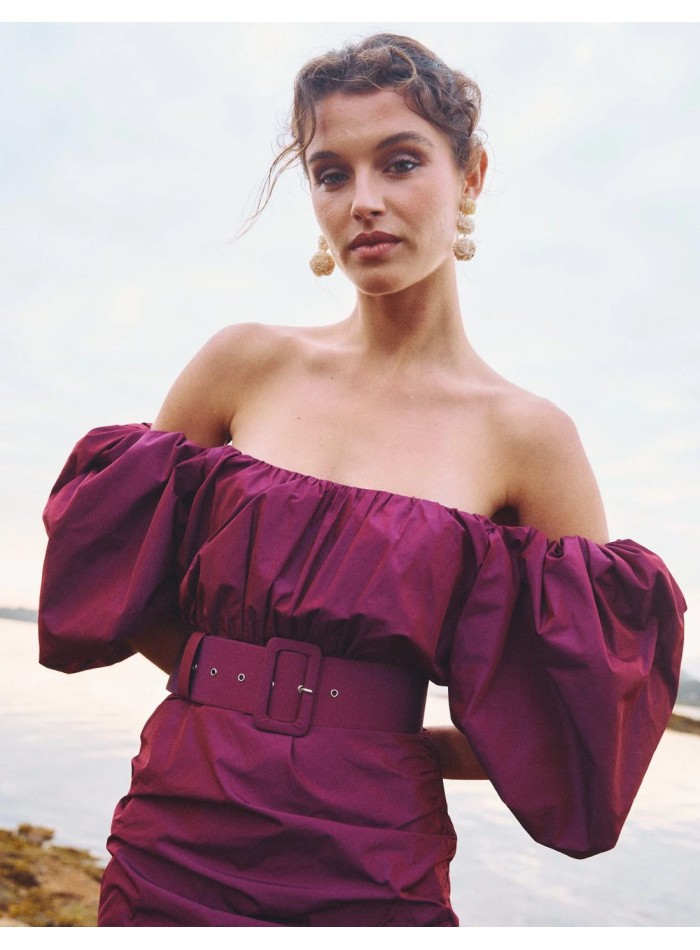 Midi party dress with belt and balloon sleeves