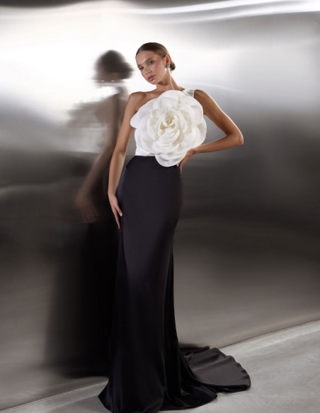 Asymmetrical long party dress with maxi flower and mermaid skirt