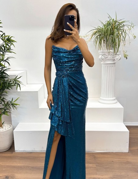 Strapless maxi dress with sequin draped straps