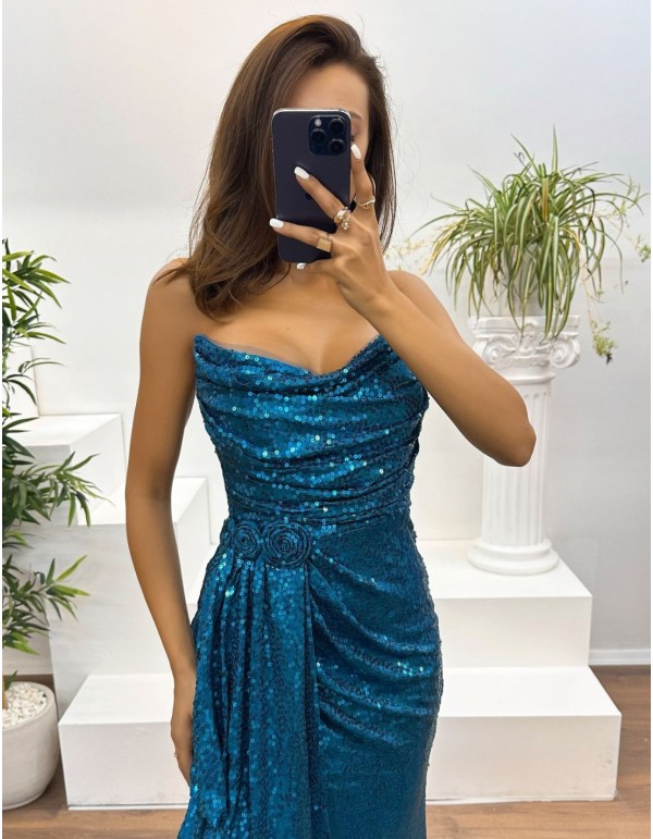 Robe longue de soirée sans bretelles, drapée de sequins 2