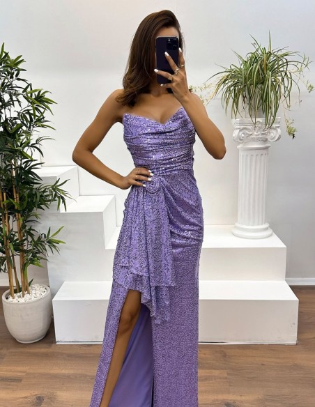 Vestido de fiesta largo sin tirantes drapeado de lentejuelas