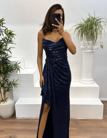 Vestido de fiesta largo sin tirantes drapeado de lentejuelas