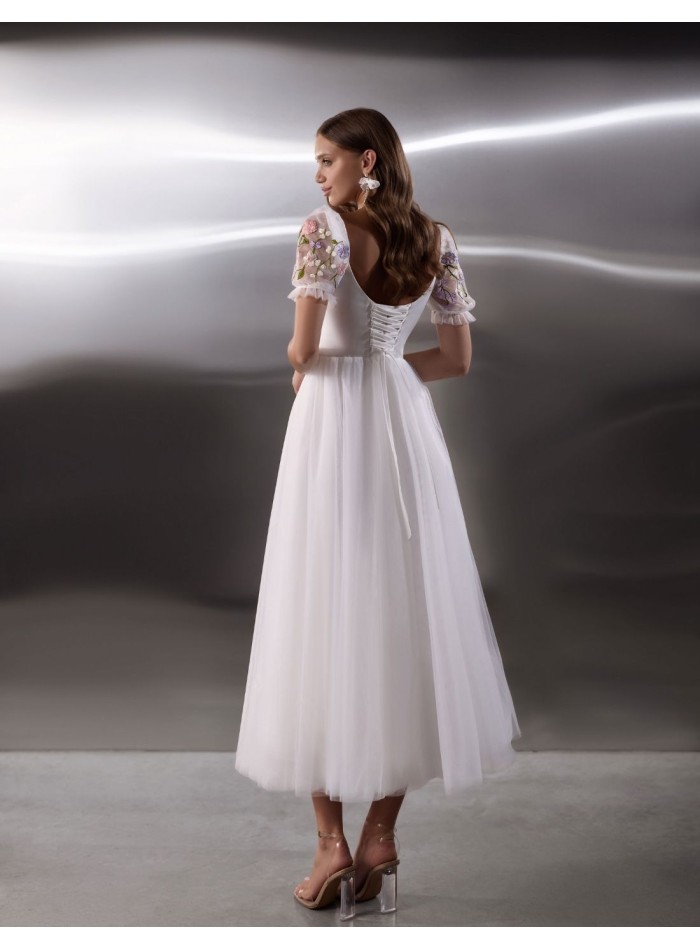 White tulle midi party dress with floral...