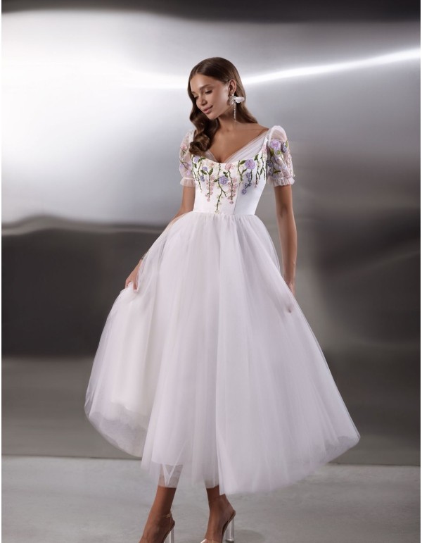 White tulle midi party dress with floral embroidery bodice 2
