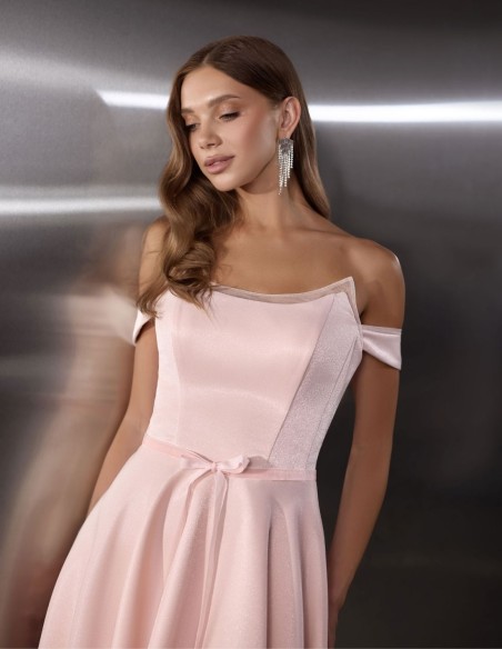 Evening midi dress in satin with strapless neckline and bandeau sleeves