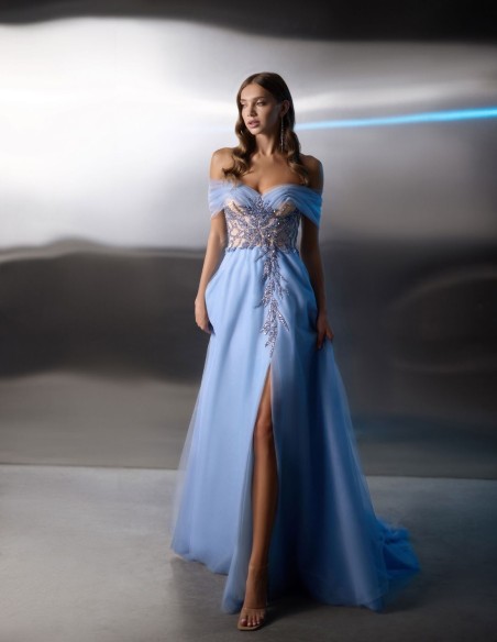 Long party gown with bandeau neckline and beaded bodice