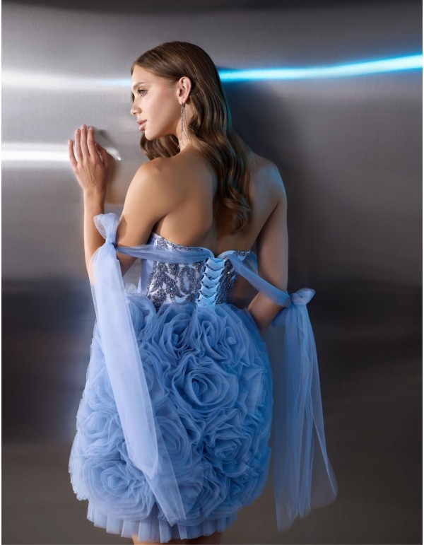 Short ball gown with rhinestone bodice and organza flower... 2