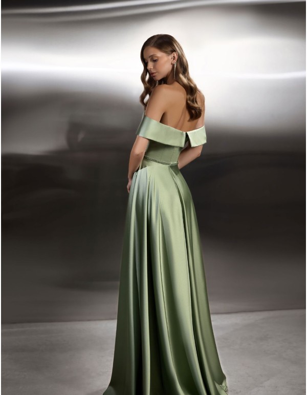 Long satin party dress with bandeau neckline 2