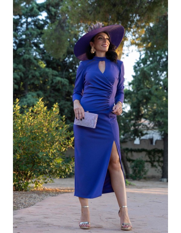 Vestido de fiesta midi drapeado con manga larga y...