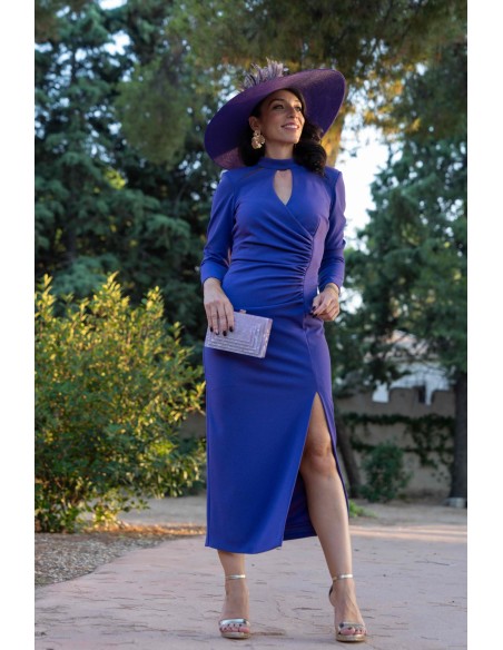 Vestido de fiesta midi drapeado con manga larga y abertura en la falda