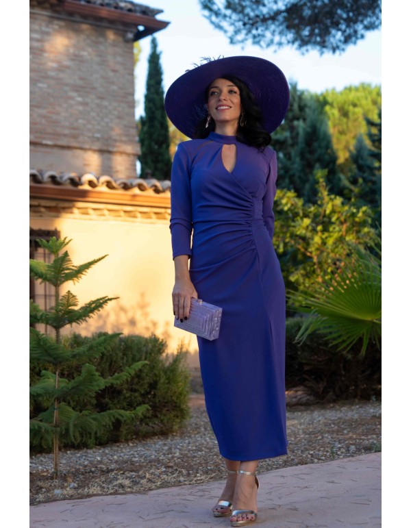 Draped midi party dress with long sleeves and slit in the... 2