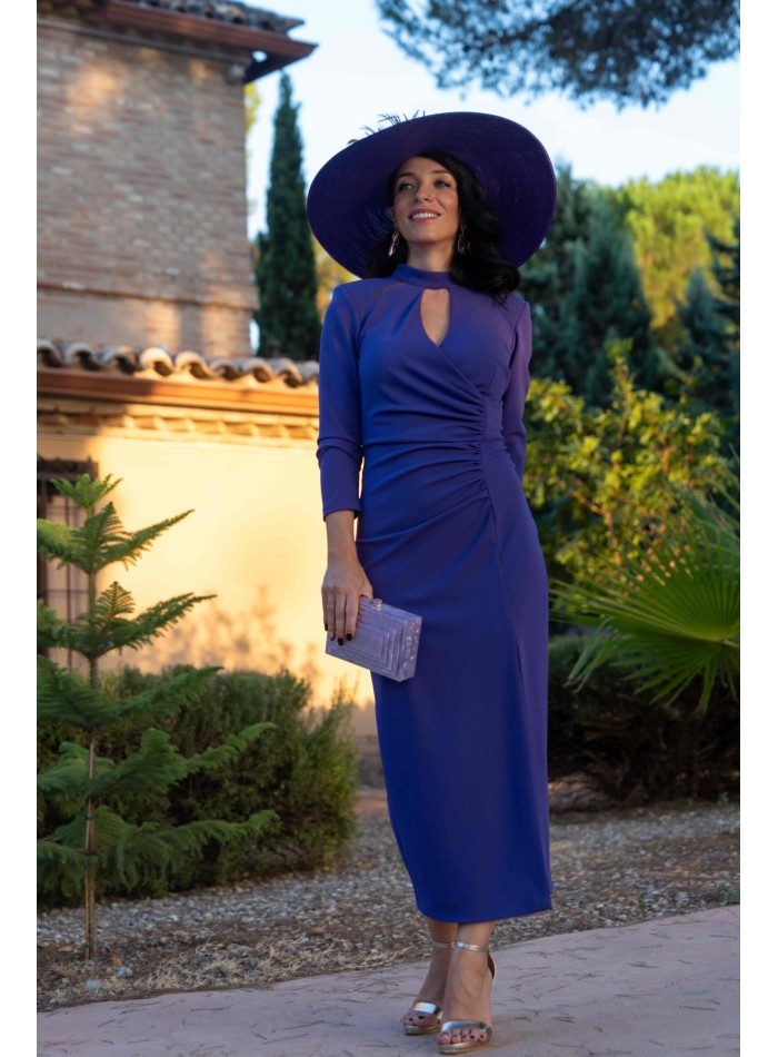 Draped midi party dress with long sleeves and...