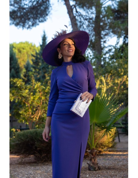 Draped midi party dress with long sleeves and slit in the skirt