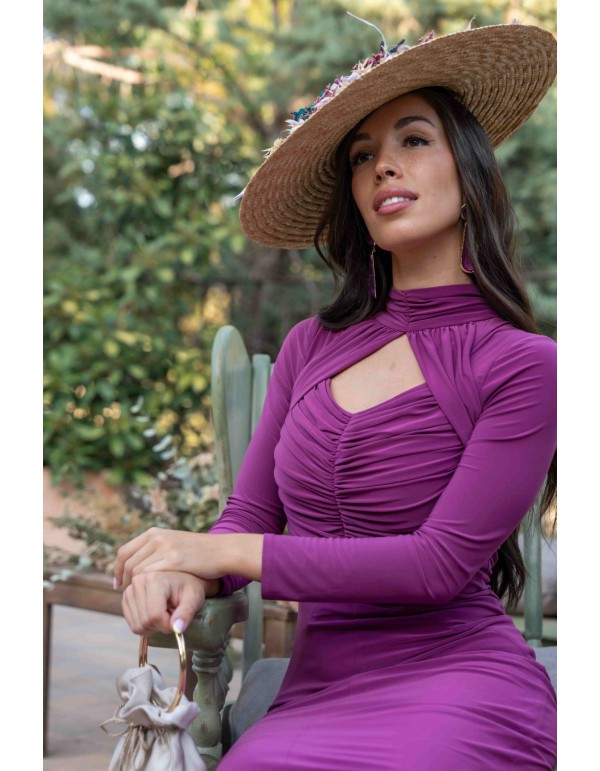 Vestido de fiesta midi buganvilla fruncido con manga larga