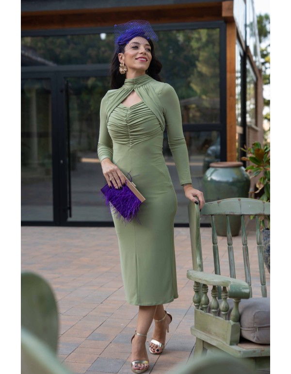 Robe de soirée midi verte à volants et à manches longues