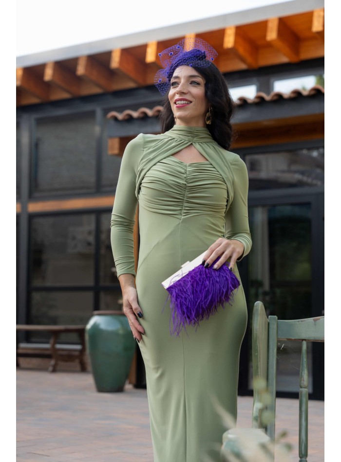 Vestido de fiesta midi verde fruncido con manga...