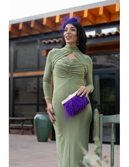 Vestido de fiesta midi verde fruncido con manga larga