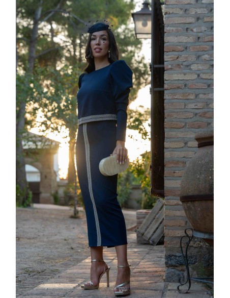 Robe midi bleu marine avec détails ethniques beiges