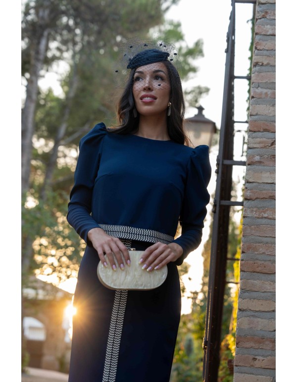 Navy blue midi dress with beige ethnic details 2