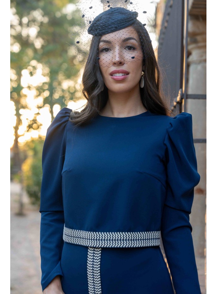 Navy blue midi dress with beige ethnic details