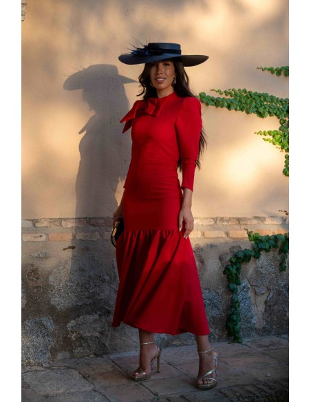 Red midi dress, fitted bodycon dress with ruffle skirt and long sleeves