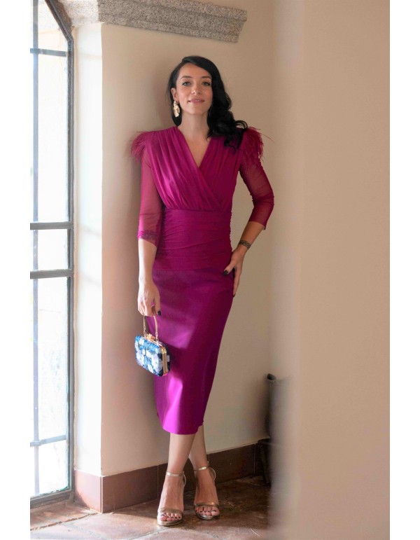 Robe de soirée midi Bougainvillea avec plumes sur les... 2