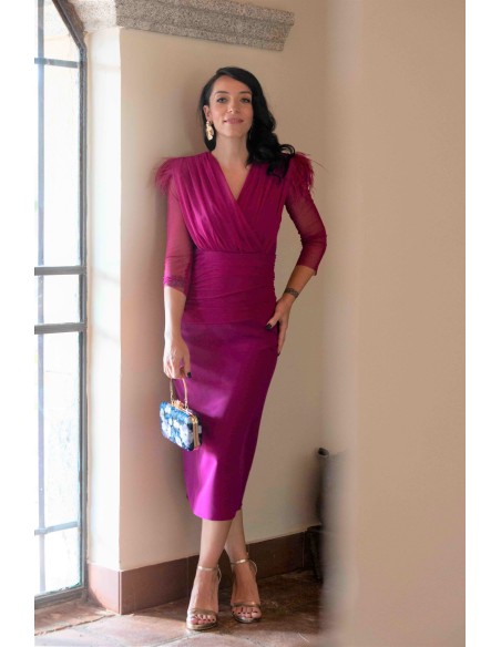 Bougainvillea midi party dress with feathers on the shoulders