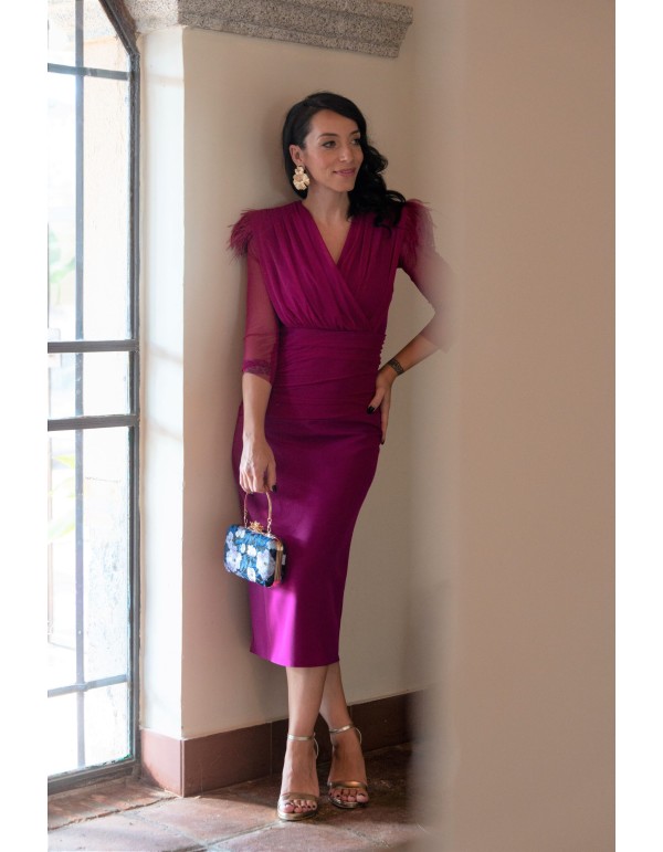 Bougainvillea midi party dress with feathers on the...