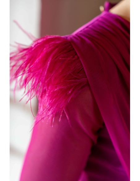 Bougainvillea midi party dress with feathers on the shoulders