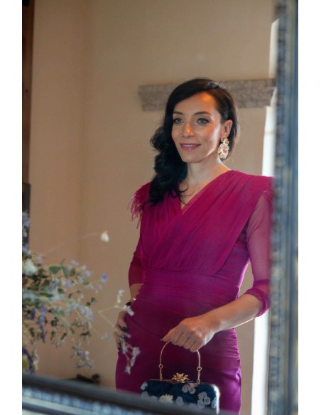 Robe de soirée midi Bougainvillea avec plumes sur les épaules