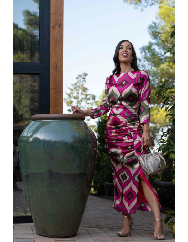 Printed midi dress in pink and green tones 2