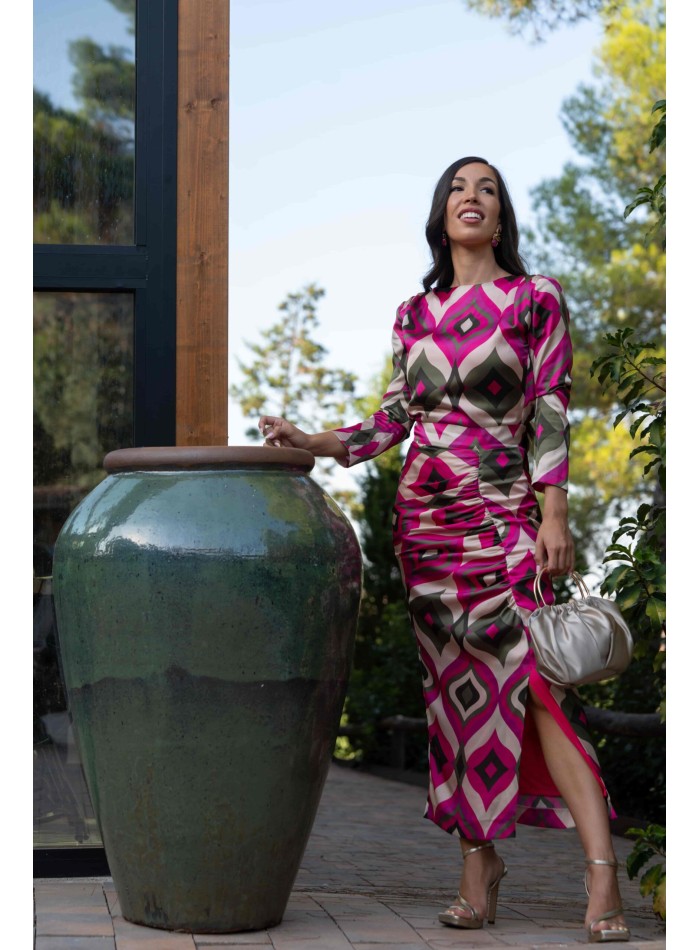 Printed midi dress in pink and green tones