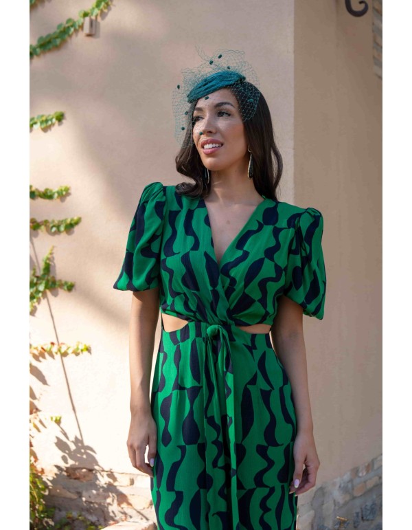 Vestido midi de fiesta cut-out estampado verde y negro