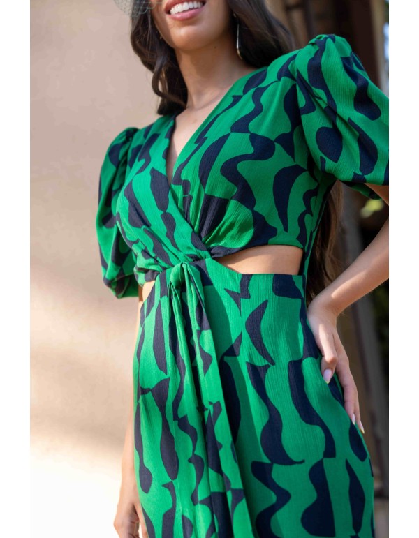 Green and black printed cut-out party midi dress 2