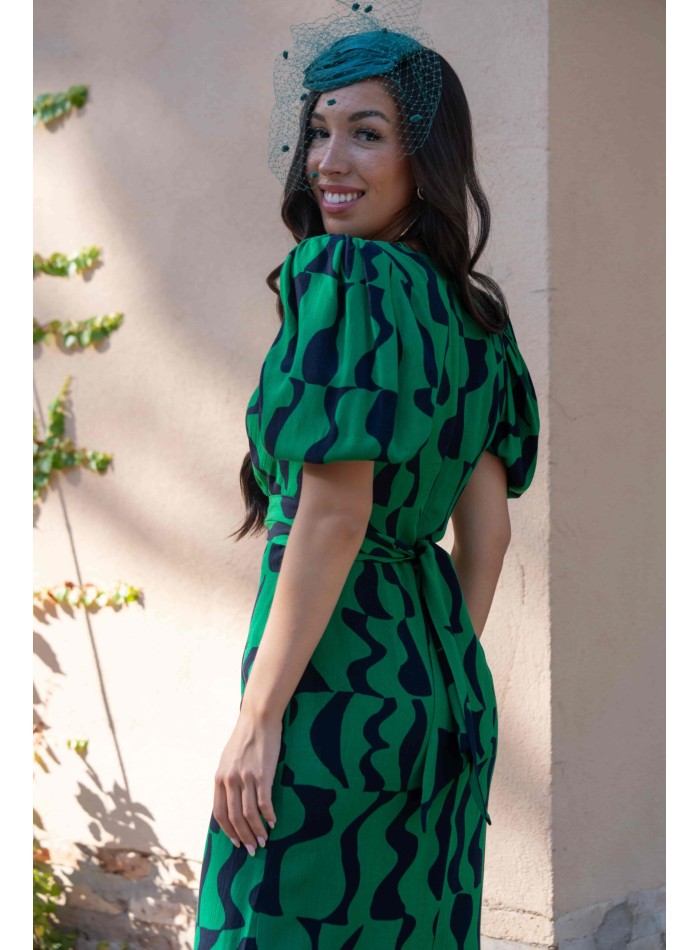 Green and black printed cut-out party midi dress