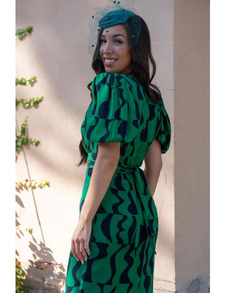 Green and black printed cut-out party midi dress