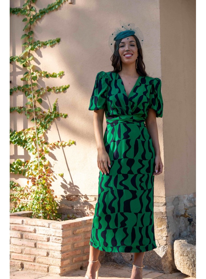 Robe de soirée midi à découpes imprimées vertes...