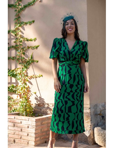 Vestido midi de fiesta cut-out estampado verde y negro