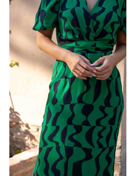 Green and black printed cut-out party midi dress