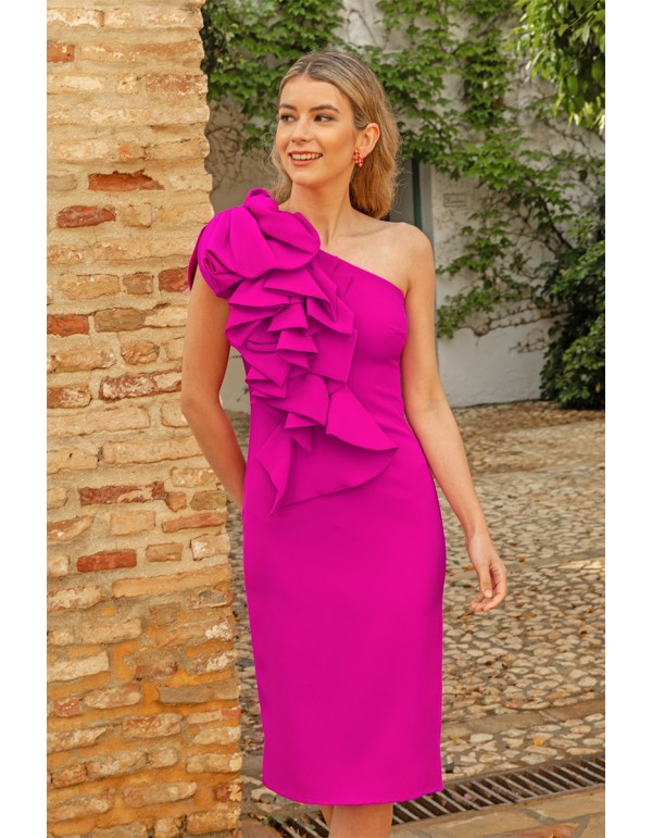 Vestido cóctel buganvilla con escote y volantes asimétrico