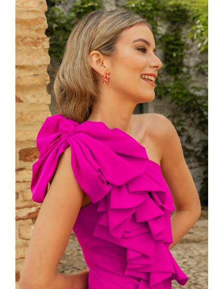 Vestido cóctel buganvilla con escote y volantes asimétrico