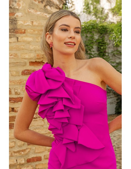 Bougainvillea cocktail dress with asymmetrical neckline and ruffles